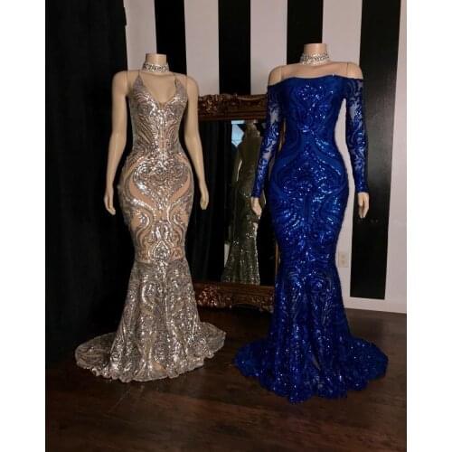 Sparkly Mermaid Royal Blue Prom Dresses 2020 African Sequined Silver Long Sleeve Formal Party Dress Plus Size Evening Gowns