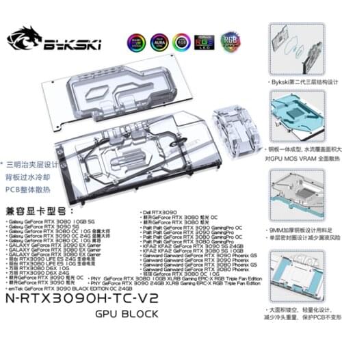 Bykski WaterCooling Block N-RTX3090H-TC-V2 with Waterway Back Plate forGALAXY Palit KFA2 Maxsun Leadtek Jaw RTX3080 3090 cooler