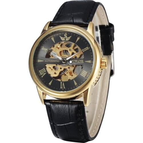 SEWOR Fashion Skeleton Autuomatic Self Wind Watches Mechanical Relogio Masculino Black Leather Clock Mens Business Wrist Watch