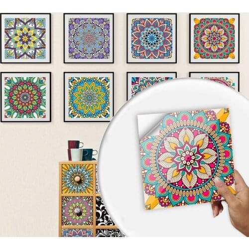 Colorful Mandala Style Tiles Sticker Kitchen Bathroom Desk Wardrobe Home Renovation Art Mural Shine Surface Waterproof Wallpaper