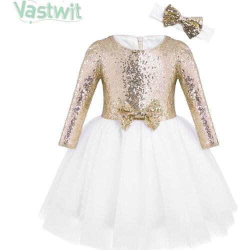 Baby Girl Princess Dress Kid Wedding Birthday Party Dress Long Sleeves Sequins Baptism Dresses For Girl Summer Mesh Tutu Dresses