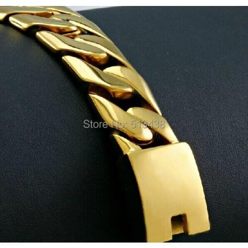 For XMAS Gift Stainless Steel Cuban Chain Bracelet Mens Gold Bangle 26mm 8.46