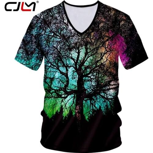 CJLM New Man Colorful V Neck Tshirt 3D Printed Personality Tee Shirt Starry Sky Tree Mens Spandex T-shirt Hot Sale Wholesale