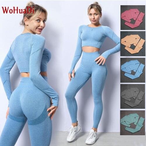 WOHUADI Seamless Yoga set Women Gym Fitness Clothing High Waist Leggings Button Bra Yoga Set Training Sport workout Sportswear