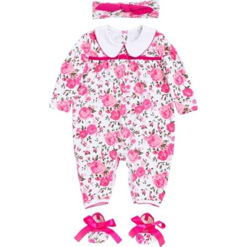 Newborn Baby Girls Clothes Set Flower Print Peter Pan Romper 1st Birthday Romper+Shoes+Headband 3Pcs Roupas Bebes Infant Outfits