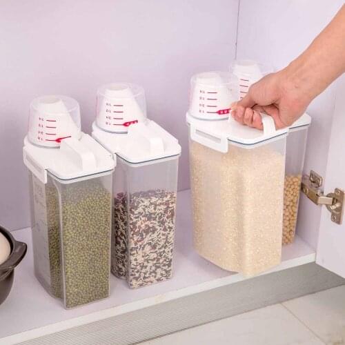2.3L Kitchen Rice Storage Box Grain Container with Measuring Cup Plastic Sealed Flour Rice Boxes Kitchen Organizer
