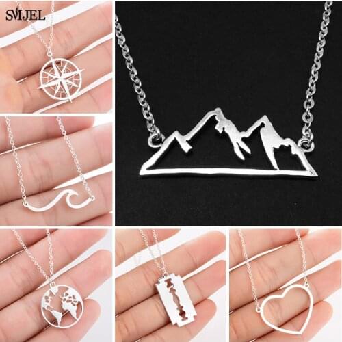 Trendy Stainless Steel Mountain Necklaces Pendants for Women Minimalist Jewelry Compass Heart Wave Necklace Collier femme 2021