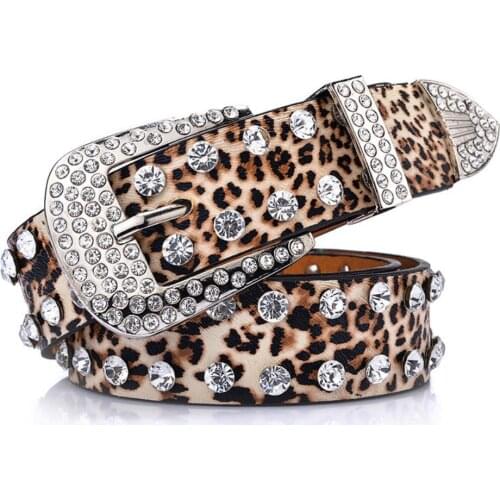 Fashion Women Leopard Rhinestone Inlaid Soft Faux Leather Belt Buckle Waistband