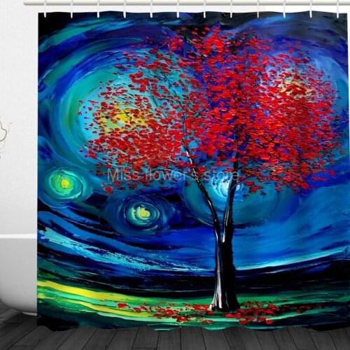 Multi-Size Starry Oil Painting Red Big Tree Design Custom Shower Curtains Bathroom Waterproof Mildew Polyester Fabric+12Hook