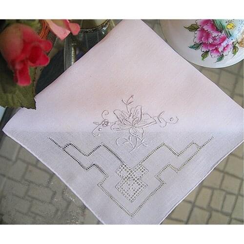 White Handmade Handkerchief 100% Cotton Vintage Soft Thick Ladies Drawnwork Embroidered Flower Hankies 28cm Rose Kids Mocket