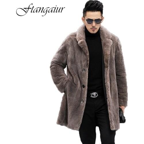 Ftangaiur 2020 Winter Fashion Men Import Mink Fur Coat Turn-Down Collar Print Mink Coats Mens Medium Causal Real Mink Fur Coats