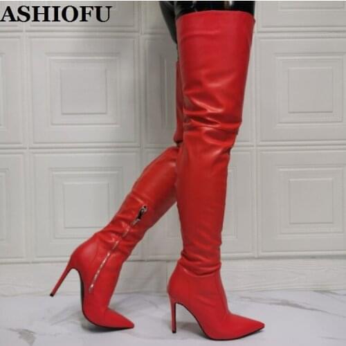 ASHIOFU New Hot Womens High Heels Boots Sexy Night-club Party Prom Over Knee Boots Real-pics Evening Fashion Red Winter Boots