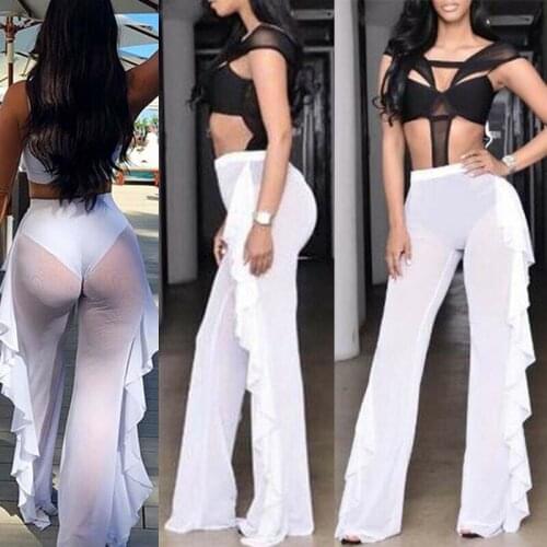 Sexy Womens See Through Sheer Mesh Ruffle Swimsuits Bathing Beach Cover up Pants