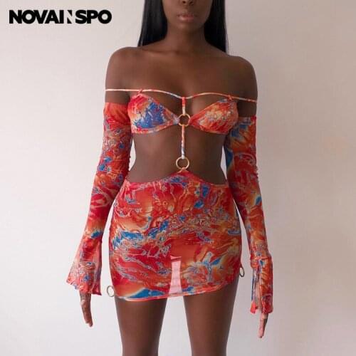 NOVAINSPO Tie Dye Mesh Cut Out Dresses Women Off Shoulder Long Sleeve See Through Club Partywear Baddie Sexy Skinny Mini Dress