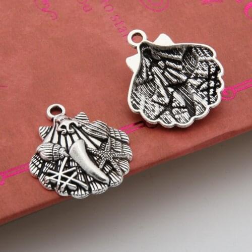 10pcs Silver Color Sea Charms Making Nautical Conch Starfish Pendant Necklaces Keychain Jewely Wholesale 27x24mm A3321