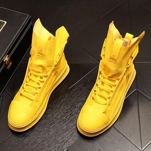 New Luxury Mens yellow white Soft leather leisure Shoes loafers Men High Top Sneakers tenis masculino ankle boot zapatos hombre