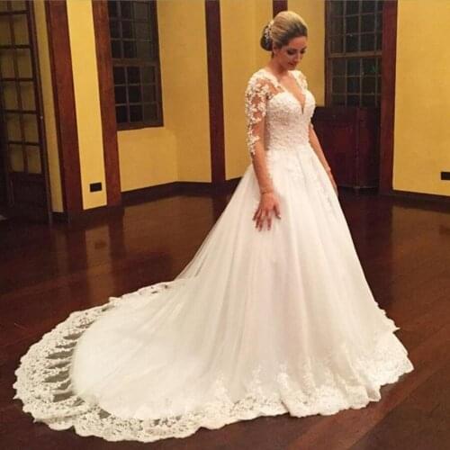 Vintage Plus Size Wedding Dresses With Pearl Beading For Russian Appliques Tulle Long Sleeve Puffy Princes Lace Bridal Gowns