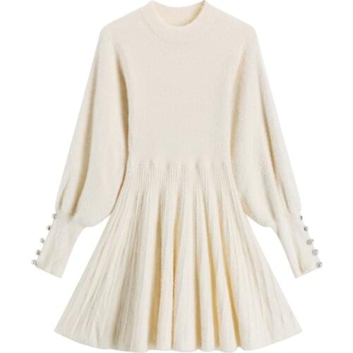 PERHAPS U Winter Autumn Long Sleeves Pink White Beige Black Rabbit Fur Sweet Pullovers Short Mini Dress Puff Sleeve D2056