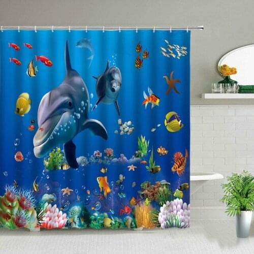 Blue Ocean Animal Dolphin Shower Curtains Beach Tropical Fish Scenery Bathroom Waterproof Fabric Bath Curtain Set With Hook