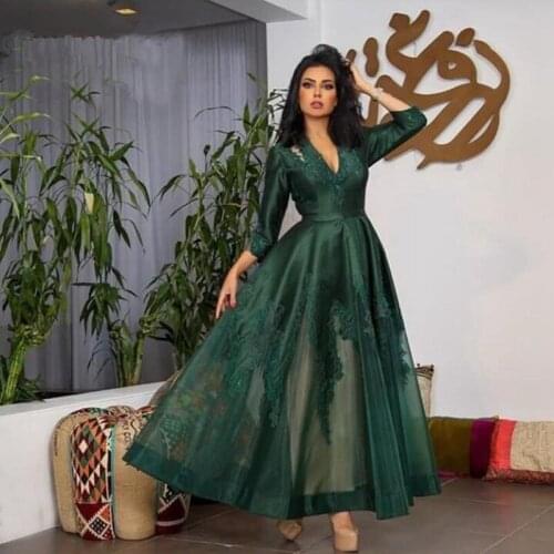 Green Evening Dresses A-line Long Sleeves Ankle Length Tulle Appliques Dubai Saudi Arabia Long Prom Dress Gown Robe De Soiree