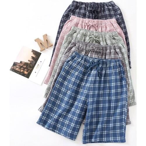 Fdfklak Women 100% Cotton Pajamas Summer New Trousers Couples Home Pants Men Sleep Pant Shorts Casual Pink Plaid Pyjamas