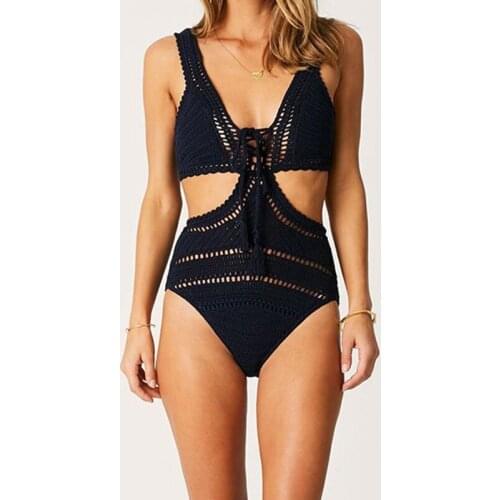 Womens Summer Beachwear Playsuit Indigo Lace Front Cut-Out One Pieces Handmade Crochet Swimsuit