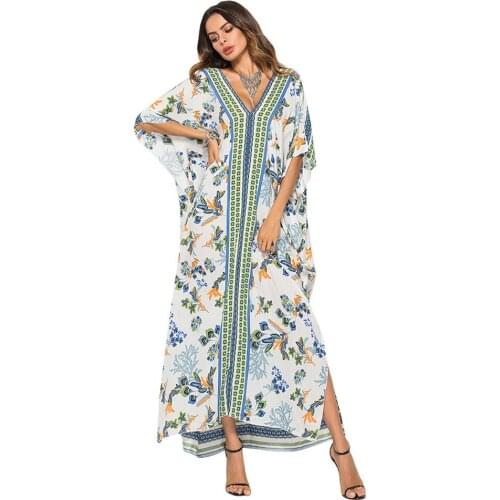2019 New Beach Spring Summer Dress Casual Fashion Trendy Print Large Size Short Sleeve V Collar Long Robe Women Dresses ZW169
