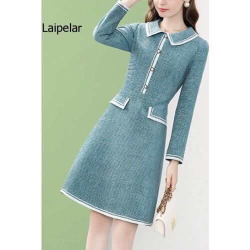 2020 Runway Designers Fashion Doll Collar Blue Tweed Woolen Dress Autumn Winter Woman Clothes Casual A-Line Vestidos
