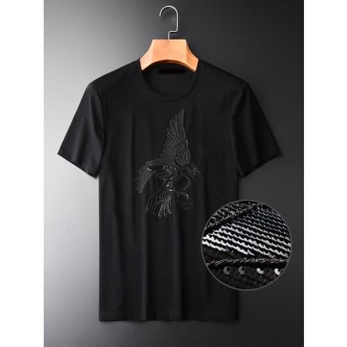 Beading Embroidered Short Sleeve T-shirts New Summer Round Collar Slim Fashion Animal Motifs Mens O-Neck Tees 4XL