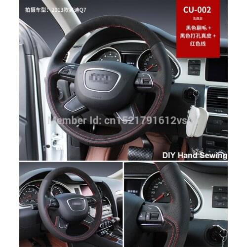 For Audi Q7 2013 High Quality Hand-stitched Anti-Slip Black Leather Suede Red Thread DIY Steering Wheel Cover