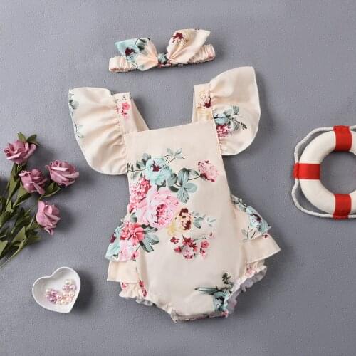 2pcs Cotton Summer Clothes Newborn Baby Girls Outfit Suit Infant Summer Floral Fly Sleeve Ruffles Backless Romper + Bow Headwear