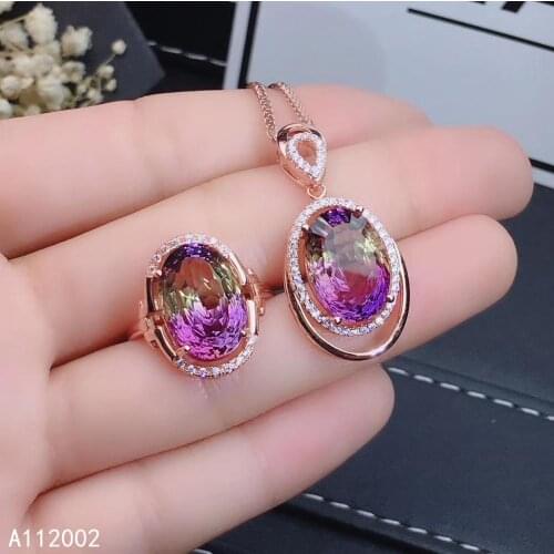 KJJEAXCMY fine jewelry Ametrine 925 sterling silver women gemstone pendant necklace chain ring set trendy hot selling