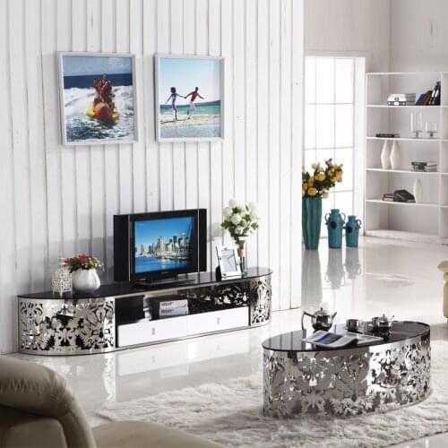 Coffee table TV cabinet marble combination black tempered glass oval carved hollow marble small apartment coffee table