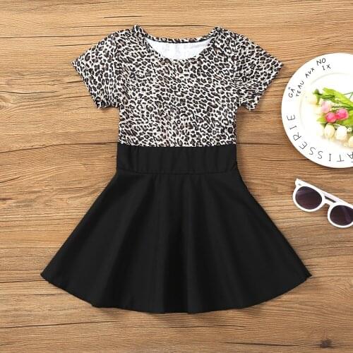 Girls Summer Dress Leopard Printing with Black Pleated Skirt Cotton Short Sleeve Dresses One-piece Design Skater Dress