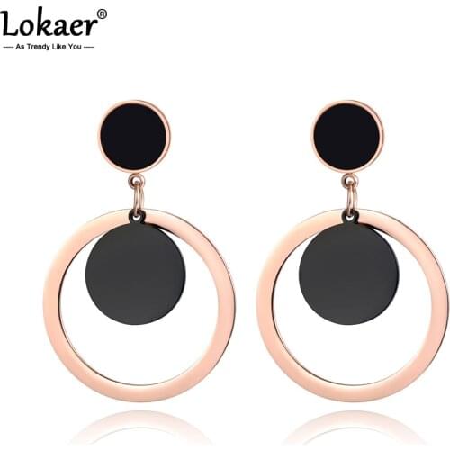 Lokaer Classic Black Round Acrylic Stud Earrings For Women Girls Rose Gold Stainless Steel Jewelry Christmas Party Gifts E19013