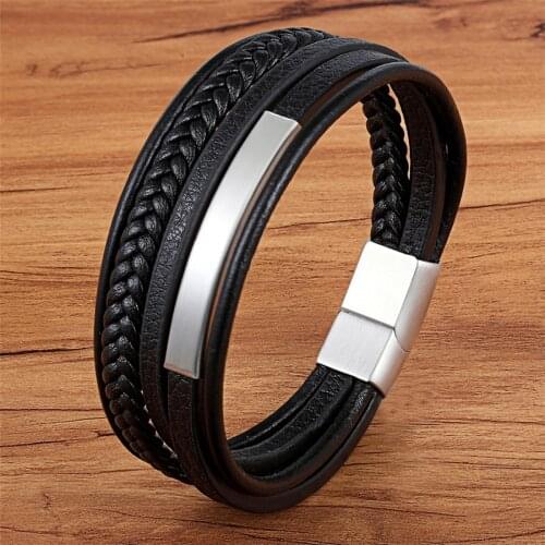 Multi-layer Hand-woven Gold Steel Black Mens Leather Stainless Steel Bracelet DIY Size Carved Logo For Surprise Birthday Gift