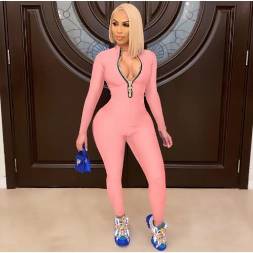 Casual Women Ribbed Jumpsuits Long Sleeve Turtleneck Zippers High Elasticity Rib Bodysuit Raised Lines Pattern Outdoor Wear