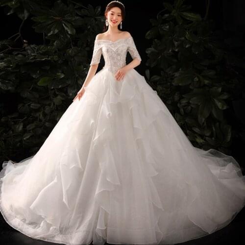 Handmade Luxury Wedding Dress Elegant Boat Neck Half Sleeve Ball Gown Lace Flower Beading Vestido De Noiva Plus Size Custom Made