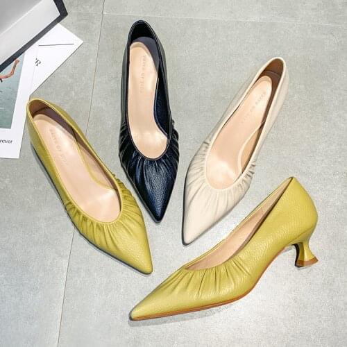 Stone pattern woman pumps pleated hoof heels offices shoes slip on pointed toe tacones mujer stiletto med high heels shoes women