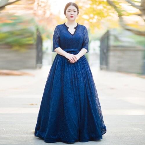Formal Women Evening Dresses A-Line Royal Blue Pearl New V-Neck Plus Size Floor-Length Half Sleeves Lace Up Evening Dress D054