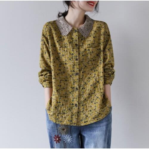21Spring Summer Shirts Women Vintage Print Lace Collar Loose Single Breasted Female Fashion Double Cotton Yarn Tees