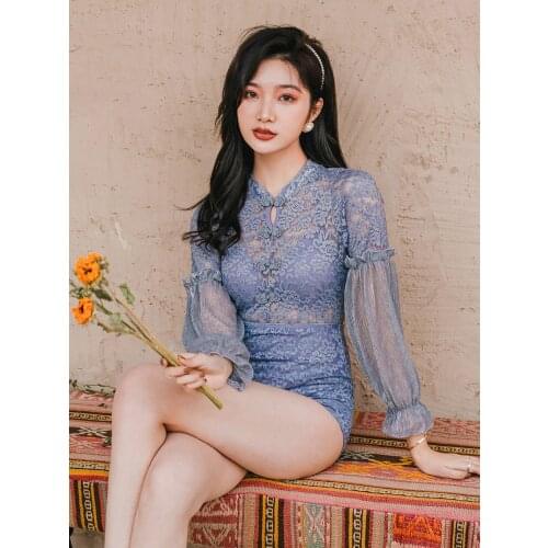 Womens Clothes Sexy Blue Swimsuit One Piece Bikini Retro Lace Beach Fairy Swimsuit Female 2021 Hot Spring Swimming suit