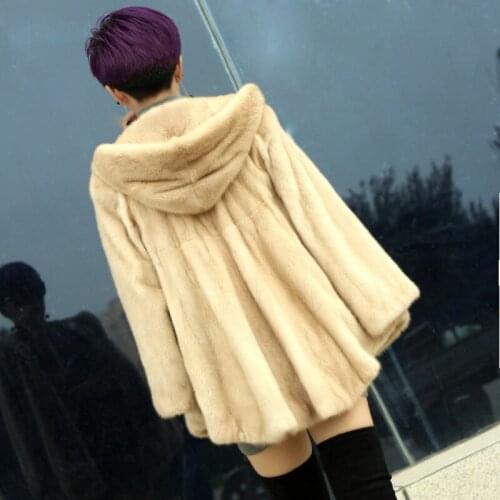 Women real mink fur coat hooded wave of mink whole fur velvet jacket female mink fur overcoat winter outerwear