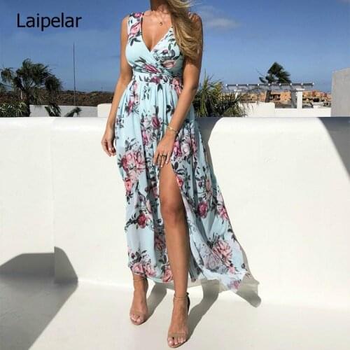 Women V Neck Split Dress Floral Print Long Summer Spaghetti Strap Party Pink Chiffon Elegant Casual Maxi Dresses Beach