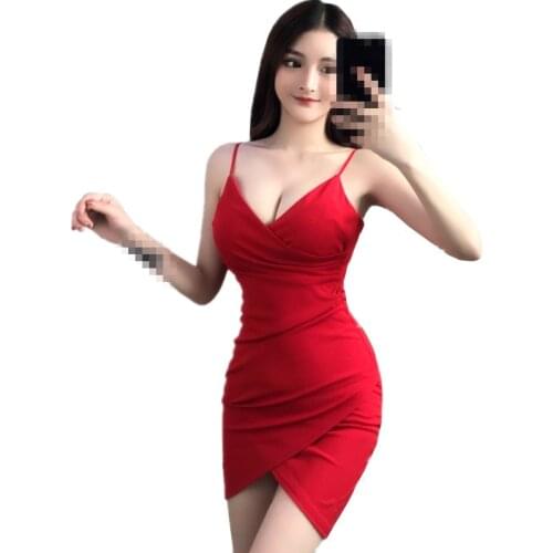 C1401 Summer 2020 new women fashion low-cut slit strap v-neck sexy wrap buttocks dress cheap wholesale