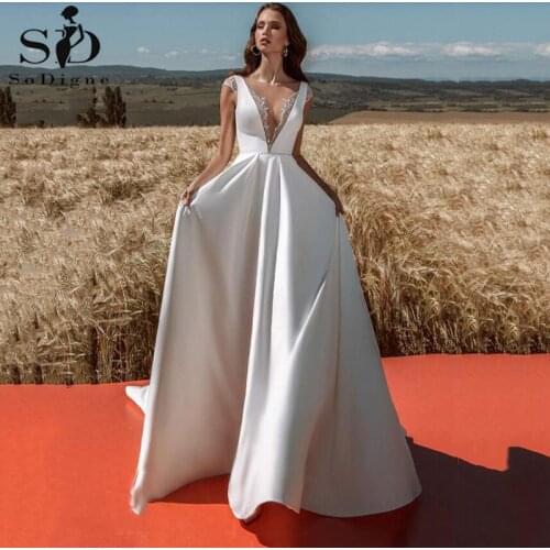 SoDigne Bohemian Wedding Dress V Neck Simple Satin Sequin Lace Bridal Dresses Beach Wedding Gowns Plus Size Vestido De Noiva