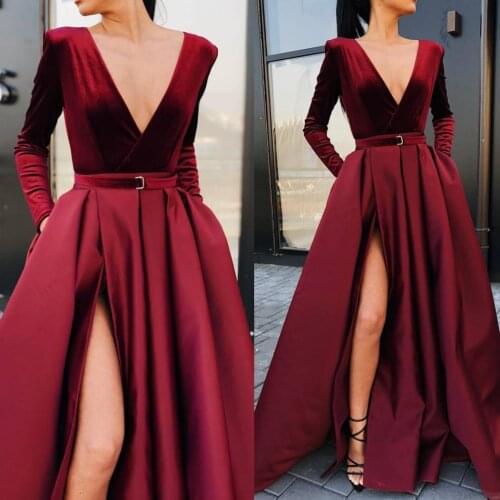 Elegant Burgundy Long Prom Dresses Sexy V-Neck Long Sleeve Evening Party Dresses Custom Make Party Dress Robe De Soiree