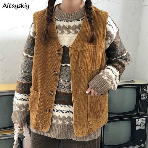 Vests Women Spring Korean Style Ladies Vintage Fashionable Outerwear Students Loose Solid V-neck Comfortable Ulzzang Sleeveless