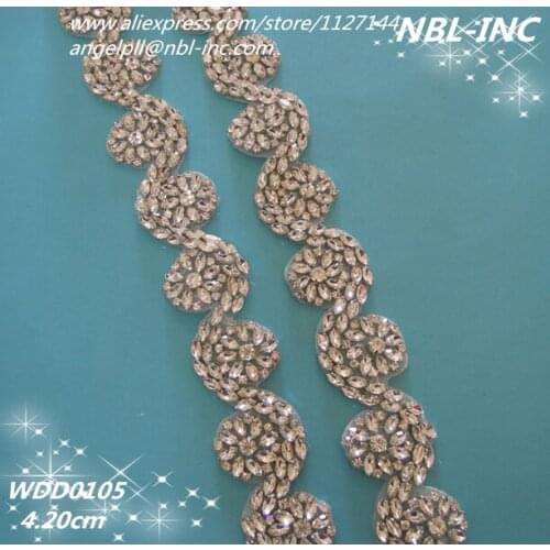 10 yards)Wholesale iron on bridal beaded applique silver clear crystal rhinestone trim for wedding dress garment sash WDD0105