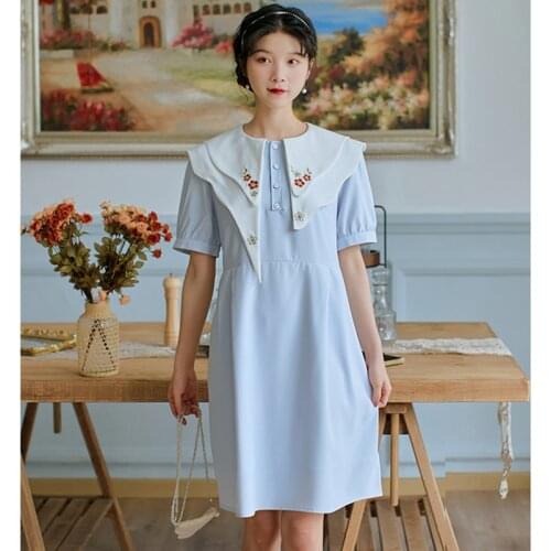 Irregular Fashion Cute Summer Doll Collar Embroidery Sweet Kawaii Dress Japanese Blue Lovely Dress Vestidos